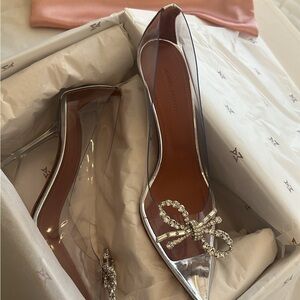 Amina Muaddi Silver Heels with Crystal Bow